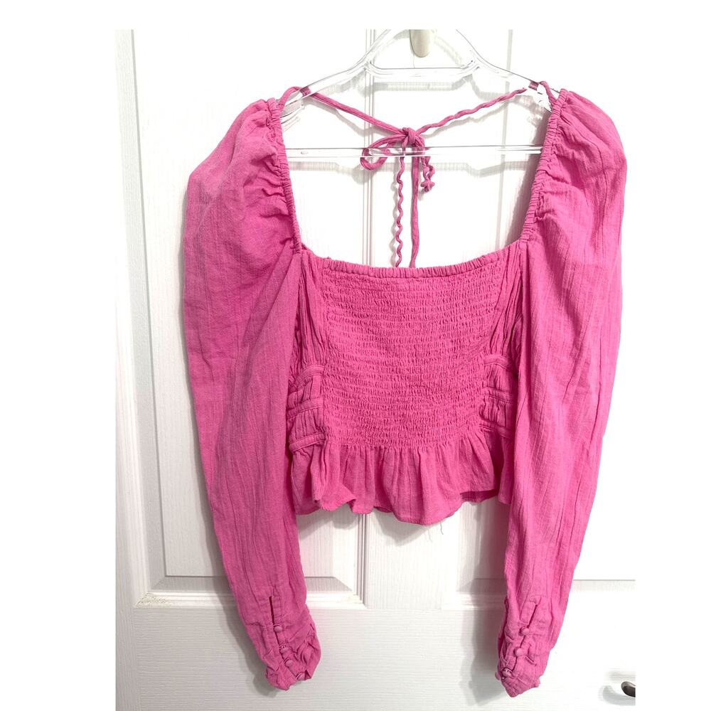 Free People Chole Cropped Top Blouse Ruffle Puffed Sleeves Smocked Pink Medium - Picture 5 of 10